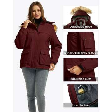 wantdo Women's Fleece Ski Jacket Winter Snow Coat Short Parka Wine Red S