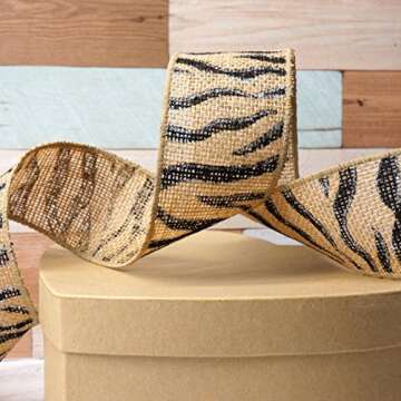 CT CRAFT LLC Burlap Black Zebra Wired Ribbon for Home Decor, Gift Wrapping, DIY Crafts, Natural 2.5?...