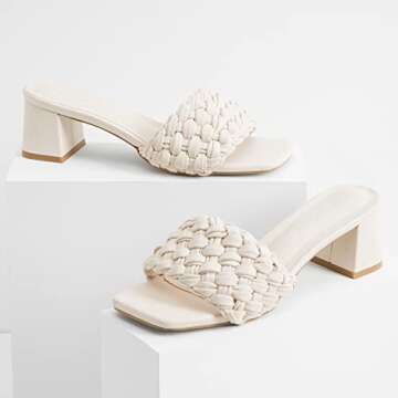 Greatonu Women's Nude Block Heeled Sandals Summer Square Open Toe Mule Heels Braided Sandals for Women Size 8