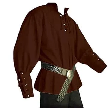 JIEFULL Men's Medieval Pirate Costume - Vintage Stand Collar Bandage Blouse- Mercenary Scottish Wide...