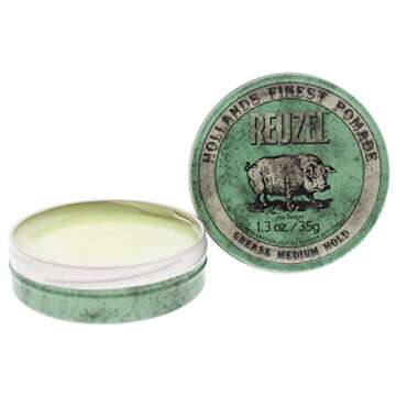 REUZEL Grease Hold Hair Styling Pomade Piglet Wax/Gel, Medium, Green, 1.3 oz, 35g