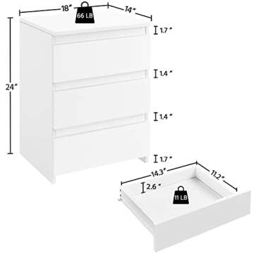 Yaheetech Nightstand with 3 Drawers, Wooden Bedside Table with Storage, Small Bedside Storage Cabinet Unit with Sturdy Base for Bedroom/Small Space, White