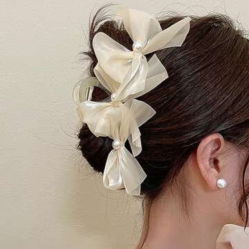 papasgix Large Bow Claw Clips, Non Slip Jaw Hair Accessories with Big Bows for Women and Girls (2, Pearl Black + Pearl White)