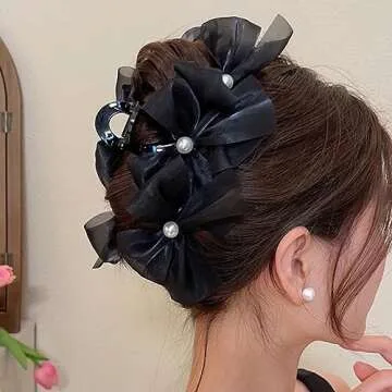 papasgix Large Bow Claw Clips, Non Slip Jaw Hair Accessories with Big Bows for Women and Girls (2, Pearl Black + Pearl White)