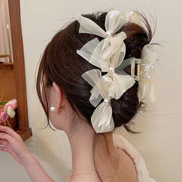 papasgix Large Bow Claw Clips, Non Slip Jaw Hair Accessories with Big Bows for Women and Girls (2, Pearl Black + Pearl White)