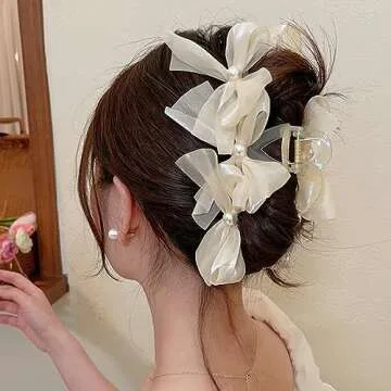 papasgix Large Bow Claw Clips, Non Slip Jaw Hair Accessories with Big Bows for Women and Girls (2, Pearl Black + Pearl White)