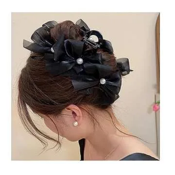 papasgix Large Bow Claw Clips, Non Slip Jaw Hair Accessories with Big Bows for Women and Girls (2, Pearl Black + Pearl White)