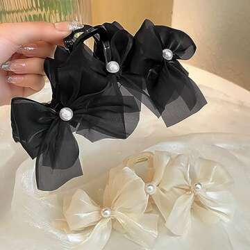papasgix Large Bow Claw Clips, Non Slip Jaw Hair Accessories with Big Bows for Women and Girls (2, Pearl Black + Pearl White)