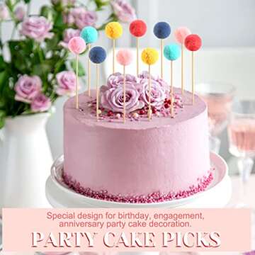 Sintuff 30 Pcs Colorful Pompom Cake Toppers Mini Pompom Cupcake Toppers Cake Picks Party Decorations for Birthday Baby Shower Wedding Anniversary Supplies