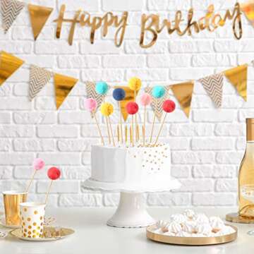 Sintuff 30 Pcs Colorful Pompom Cake Toppers Mini Pompom Cupcake Toppers Cake Picks Party Decorations for Birthday Baby Shower Wedding Anniversary Supplies