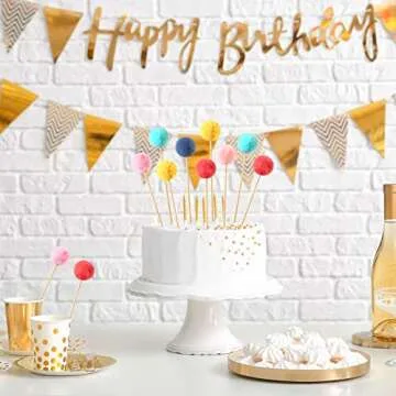 Sintuff 30 Pcs Colorful Pompom Cake Toppers Mini Pompom Cupcake Toppers Cake Picks Party Decorations for Birthday Baby Shower Wedding Anniversary Supplies