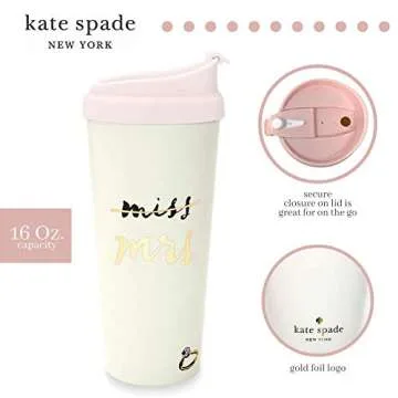 kate spade new york Bridal 16 Ounce Insulated Travel Mug, Double Wall Thermal Tumbler for Coffee/Tea, Miss to Mrs. (Pink)