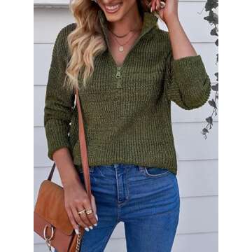 EVALESS Womens Sweaters Fall Fashion 2024 Long Sleeve Waffle Knit Tops for Women Quarter Zip Pullover Chunky Sweaters Cute Crewneck Oversized Sweater Business Casul Outfits Work Clothes, Green Large