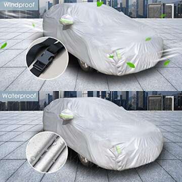 Sedan Car Cover Waterproof All Weather for Auto 210T Lightweight Breathable Outdoor Car Covers UV Protection/Windproof/Dustproof/Scratch Resistant Universal Car Cover Fit Sedan (Up to 193”L)