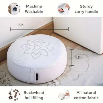 Mindful & Modern Large Meditation Cushion for Zafu Yoga - Meditation Pillow for Sitting on the Floor - Buckwheat Hull Filled Yoga Cushion with Removable, Washable 100% Cotton Cover and Carry Handle