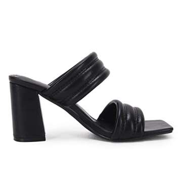 Ermonn Womens Chunky Block Heeled Sandals Two Strap High Heels Black Square Open Toe Slip On Backless Slide Summer Mules 7