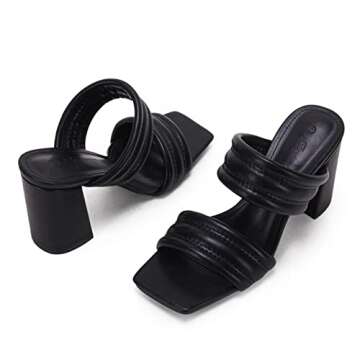 Ermonn Womens Chunky Block Heeled Sandals Two Strap High Heels Black Square Open Toe Slip On Backless Slide Summer Mules 7