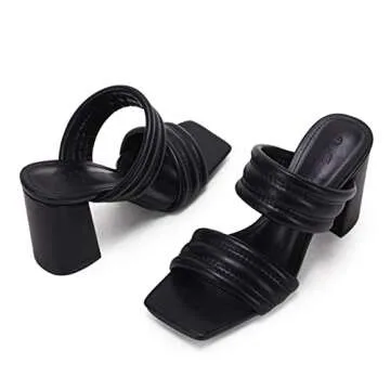 Ermonn Womens Chunky Block Heeled Sandals Two Strap High Heels Black Square Open Toe Slip On Backless Slide Summer Mules 7