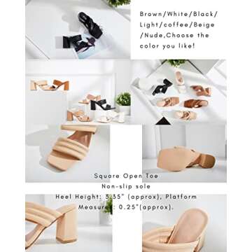Ermonn Womens Chunky Block Heeled Sandals Two Strap High Heels Black Square Open Toe Slip On Backless Slide Summer Mules 7