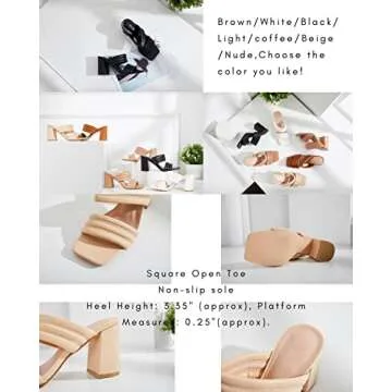 Ermonn Womens Chunky Block Heeled Sandals Two Strap High Heels Black Square Open Toe Slip On Backless Slide Summer Mules 7