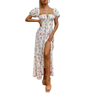 Elegant Women's Floral Puff Sleeve Maxi Dress for Summer & Beach