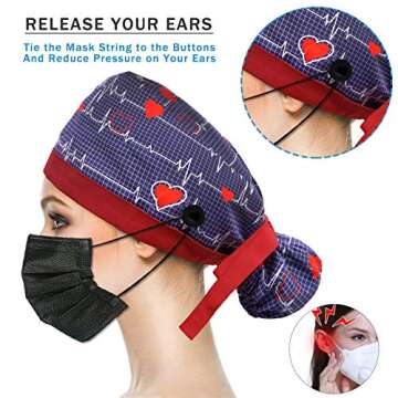 3pcs Long Hair Working Caps Buttons Sweatband Ribbon Tie Ponytail Hats Head Covers Hair Caps for Women