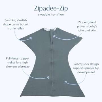 SleepingBaby Zipadee-Zip Transitional Swaddle Sack, 12-24 Month - Roomy Zipper Swaddle for Easy Diap...