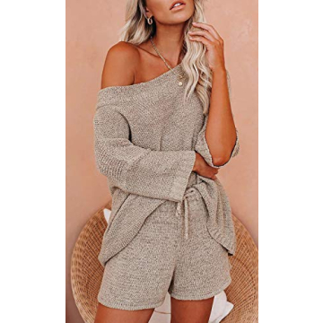 Ermonn Women’s Casual Pajama Set - Off Shoulder Knit Outfit