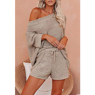 Ermonn Women’s Casual Pajama Set - Off Shoulder Knit Outfit