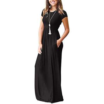 I2CRAZY Women Short Sleeve Loose Plain Maxi Dresses Casual Empire Waist Long Bohemian Dresses with Pockets Summer Beach Dress-L,Black