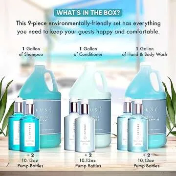 Terra Pure H2O Tropical Infuse Gallon & Dispenser Set | Shampoo, Conditioner, Body Wash Gallons | Refillable 10.14oz Pump Bottles