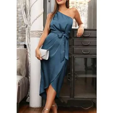 PRETTYGARDEN Women's 2024 Summer Ruched Bodycon Dress Sleeveless One Shoulder Wrap Satin Belted Cocktail Midi Dress(Dark Blue,X-Large)