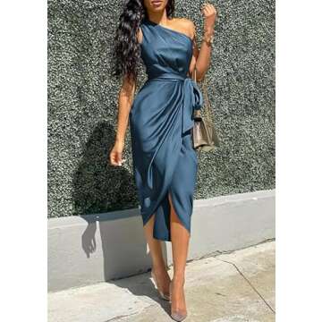 PRETTYGARDEN Women's 2024 Summer Ruched Bodycon Dress Sleeveless One Shoulder Wrap Satin Belted Cocktail Midi Dress(Dark Blue,X-Large)