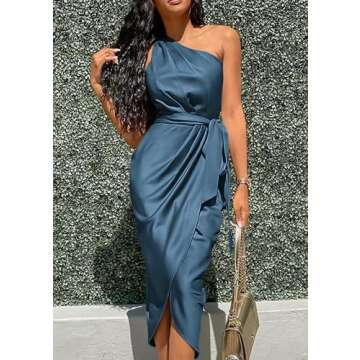 PRETTYGARDEN Women's 2024 Summer Ruched Bodycon Dress Sleeveless One Shoulder Wrap Satin Belted Cocktail Midi Dress(Dark Blue,X-Large)
