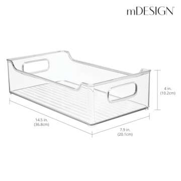 mDesign Wide Plastic Kitchen Storage Container Bins with Handles -Organization in Pantry, Cabinet, Refrigerator or Freezer Shelves - Food Organizer for Fruit, Yogurt, Squeeze Pouches - Clear