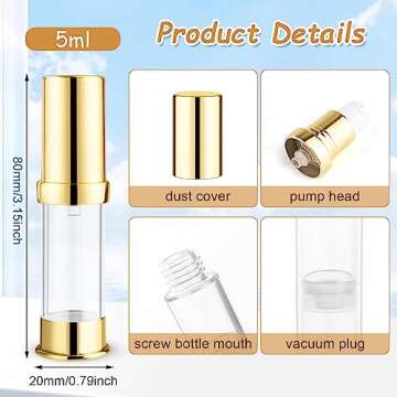 10 Pcs Empty Airless Pump Bottle Travel Cosmetic Cream Pump Bottle Refillable Vacuum Dispenser Pump Containers for Lotion Cream and More (gold-5ml)