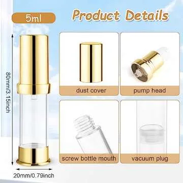 10 Pcs Empty Airless Pump Bottle Travel Cosmetic Cream Pump Bottle Refillable Vacuum Dispenser Pump Containers for Lotion Cream and More (gold-5ml)