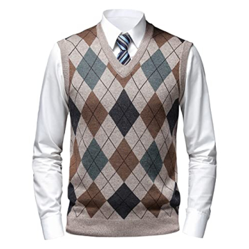 Herothorn Men's Classic Argyle Sweater Vest Camel