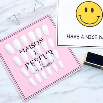 Twinklede Medium Coffin Press on Nails White Matte Ballerina Fake Nails Full Cover Acrylic False Nails for Women and Girls (24 PCS) (A White)