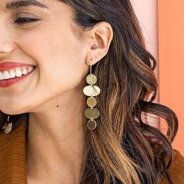 INK+ALLOY Gold Dangle Earrings for Women, Gretchen Brass Oval Circle Long Statement Beach Boho Earrings, Hypoallergenic Handmade Jewelry for the Modern Bohemian, 3.5-Inch