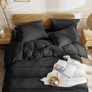 JELLYMONI Bedding Duvet Cover King Size - 100% Washed Cotton Linen Like Textured Comforter Cover, 3 Pieces Breathable Soft Bedding Set with Button Closure (Black, King 104"x90")