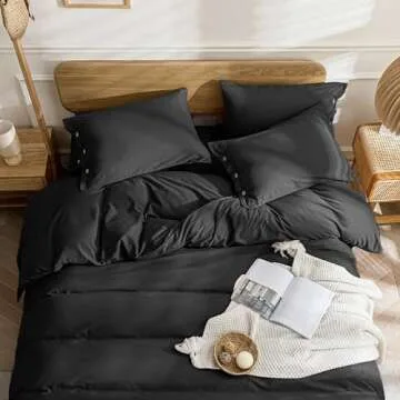 JELLYMONI Bedding Duvet Cover King Size - 100% Washed Cotton Linen Like Textured Comforter Cover, 3 Pieces Breathable Soft Bedding Set with Button Closure (Black, King 104"x90")