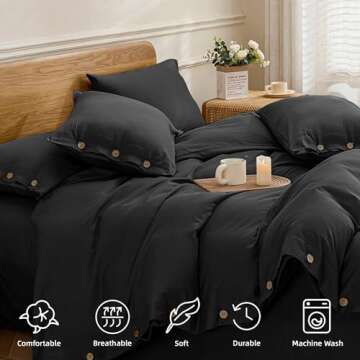 JELLYMONI Bedding Duvet Cover King Size - 100% Washed Cotton Linen Like Textured Comforter Cover, 3 Pieces Breathable Soft Bedding Set with Button Closure (Black, King 104"x90")