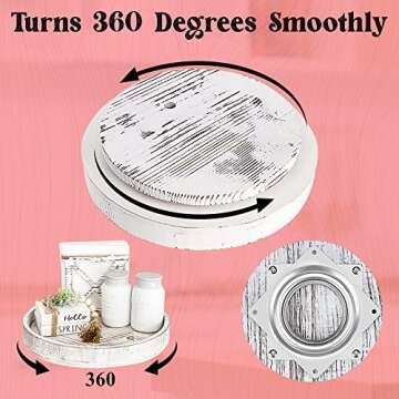 Paper and Pallet Rustic White Wood Lazy Susan - 12.5 Inch Farmhouse Turntable Kitchen Cabinet Organizer Tray - Distressed Round Wooden Spice Rack - Rotating Centerpiece for Dining Table & Countertop