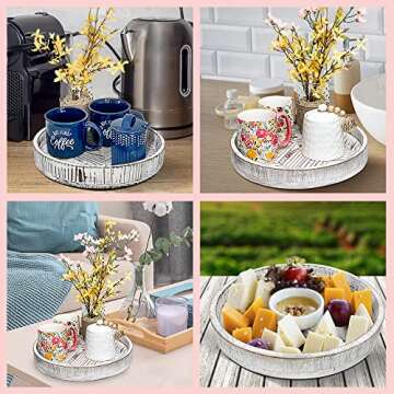 Paper and Pallet Rustic White Wood Lazy Susan - 12.5 Inch Farmhouse Turntable Kitchen Cabinet Organizer Tray - Distressed Round Wooden Spice Rack - Rotating Centerpiece for Dining Table & Countertop