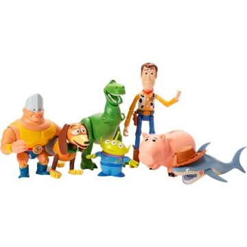 Mattel Disney and Pixar Toy Story Set of 7 Action Figures with Woody, Slinky, Rex, Hamm, Alien, Rocky & Shark, Disney100 Collectible