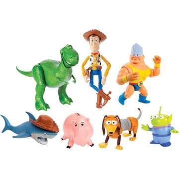 Mattel Disney and Pixar Toy Story Set of 7 Action Figures with Woody, Slinky, Rex, Hamm, Alien, Rocky & Shark, Disney100 Collectible