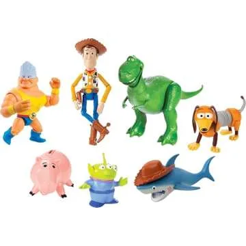 Mattel Disney and Pixar Toy Story Set of 7 Action Figures with Woody, Slinky, Rex, Hamm, Alien, Rocky & Shark, Disney100 Collectible