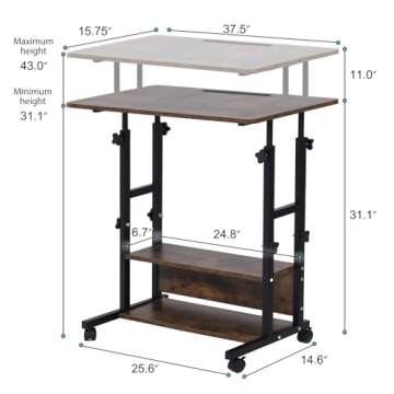 Small Standing Desk Adjustable Height, Mobile Stand Up Desk with Wheels, 32 Inch Portable Rolling Desk Small Computer Desk, Portable Laptop Desk Standing Table Sit Stand Home Office Desks Rustic