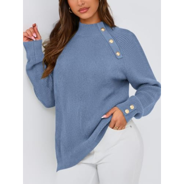 PRETTYGARDEN Womens Sweaters Fall 2024 Ribbed Knit Raglan Long Sleeve Mock Neck Pullover Sweater Chunky Outfits (Grey Blue, Medium)